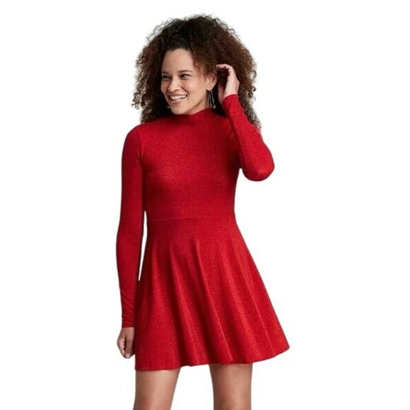 Red sparkly Xs wild fable target fit flare long sleeve dress lurex nwot holiday - Picture 1 of 5
